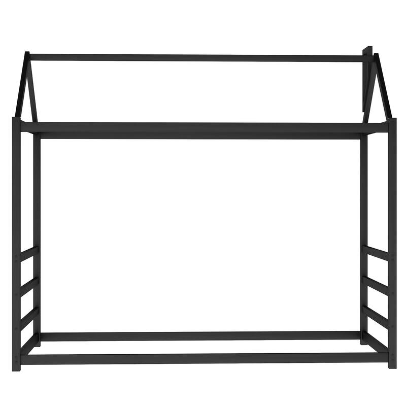 Twin House Platform Bed with Roof and Chimney Design, Metal Frame