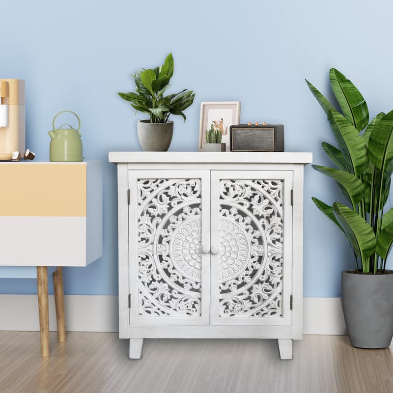Farmhouse Storage Accent Cabinet with 2 Hollow Carved Doors,30.3''H - 27.6" x 14.1" x 30.3"
