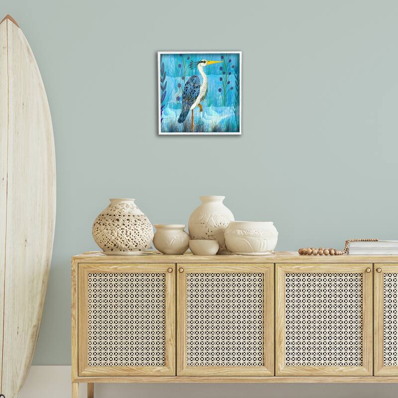 Stupell Standing Crane with Blue Tones Framed Giclee Art Design By Kay Widdowson