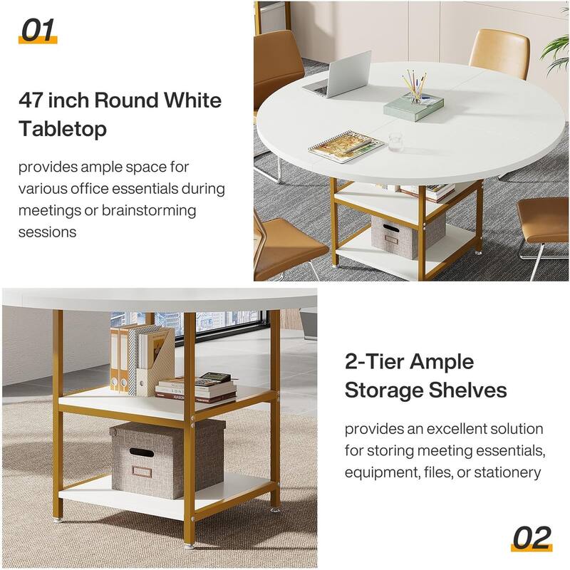 47-Inch Round Wood Conference Table with Storage Shelf Office Training Desk for Conference/Seminar Room