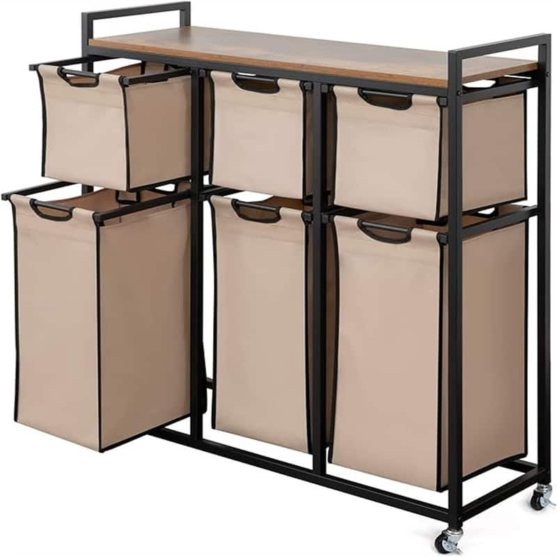Laundry Hamper with 6 Sliding Laundry Sorter Bags, Top Storage Shelf - 38.6"L x 13"W x 39.4"H - 38.6"L x 13"W x 39.4"H - Beige