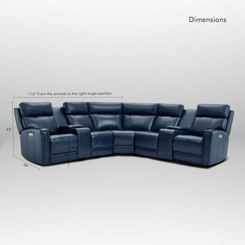 Genuine Leather Power Recliner Sectional Sofa with Ajustable Headrest, USB&USB-C Port