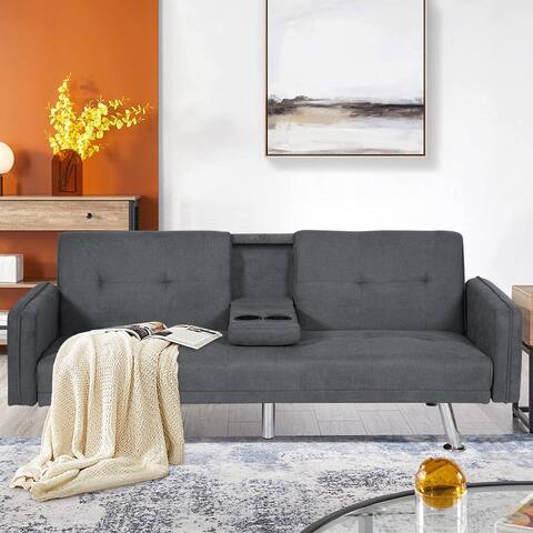 Modern Futon Sofa Bed, Convertible Linen Fabric Upholstered Couch with Armrests and Cupholders, Folding Sleeper Sofa Recliner
