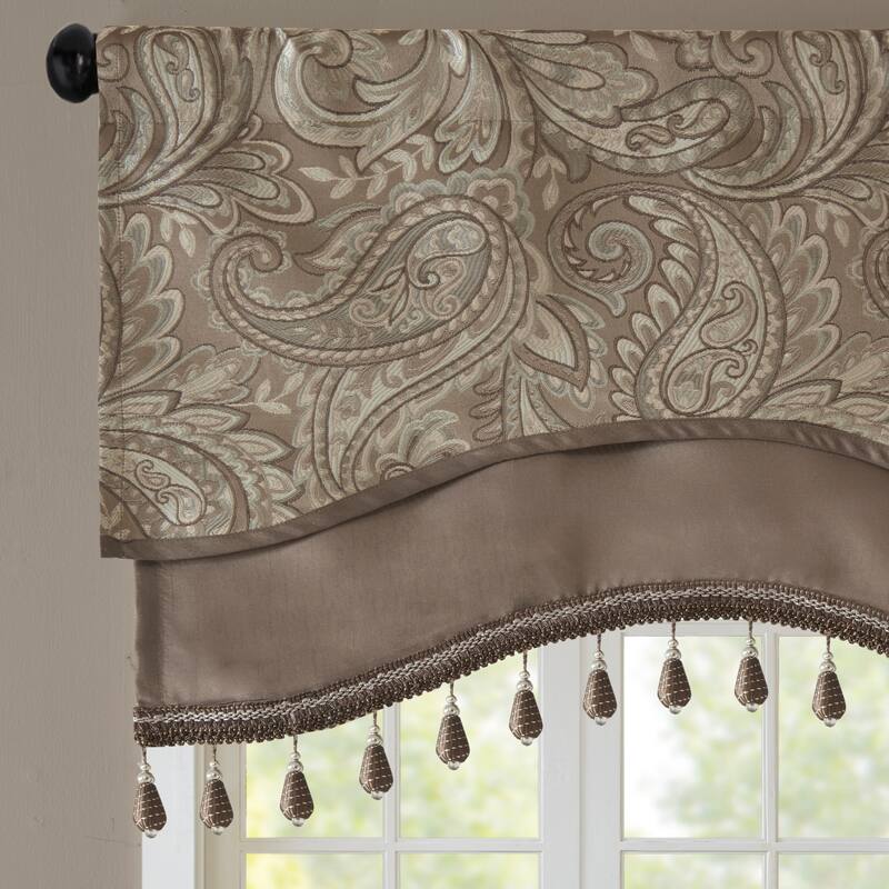 Madison Park Whitman Jacquard Window Rod Pocket Valance with Beads - 50 x 18"