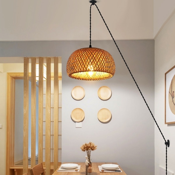 Modern Plug in Cord Bamboo Lantern Pendant Light with Switch Woven Rattan Shade Chandelier Adjustable Hanging Wall Lamp 11.02 11.02 5.9