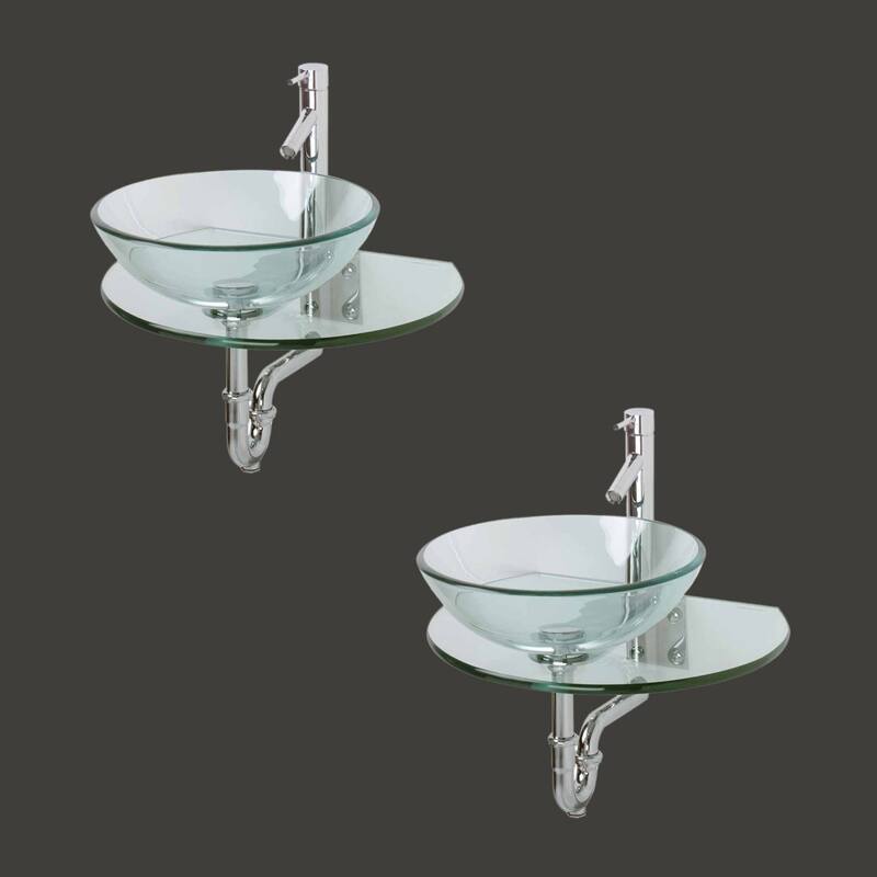 Clear Round Tempered Glass Wall Mount Console Sink with Chrome Faucet and Drain Pack of 2