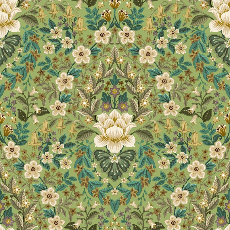 Galerie Wallcoverings Into The Wild Floral Damask Non-woven Metallic Wallpaper Roll - 33 feet x 21 inches - Green