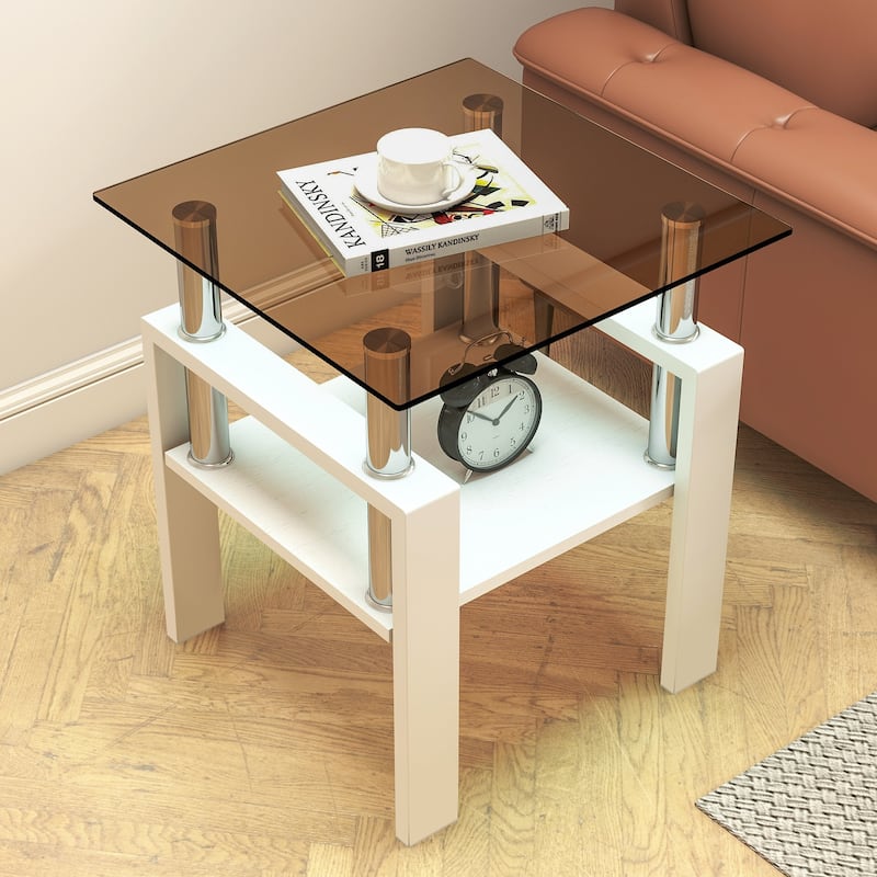 Set of 2 Modern Tempered Glass Tea Table ,Tempered Glass Tabletop with MDF Layer,Coffee Table