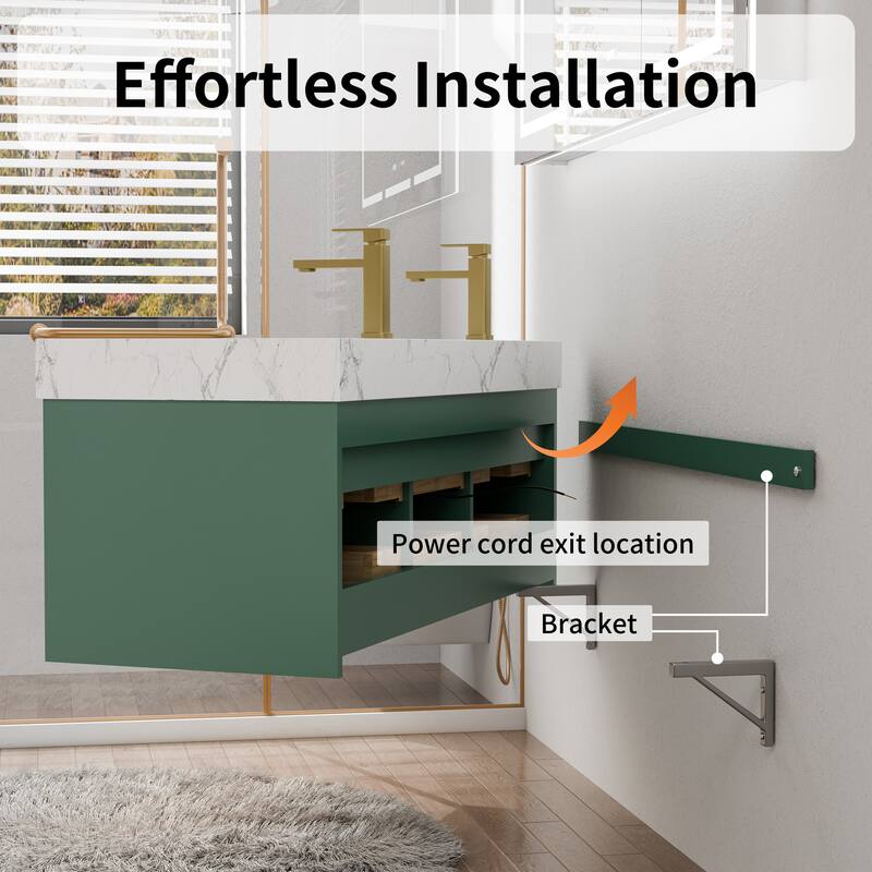 Modland 48" Wall-Mount Double Vanity with LED Light & 6 Drawers - Solid Oak, White / Green - 48 inch