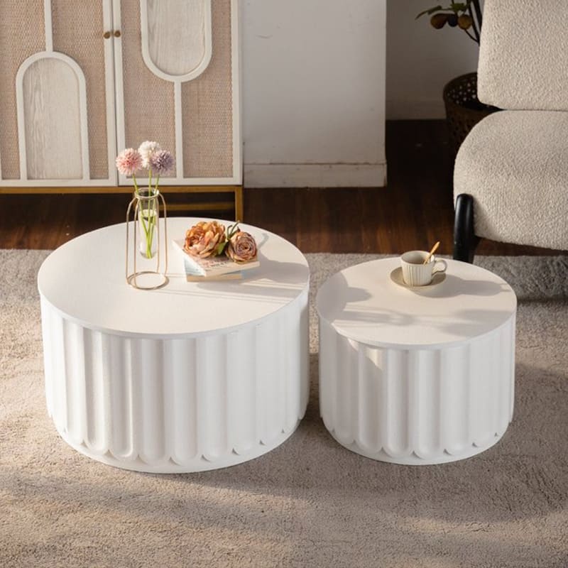 White Round Storage Table Set with Lift-Off Lid, Nesting Design, Elegant Curved-Edge Shape for Cozy Living Room Styling