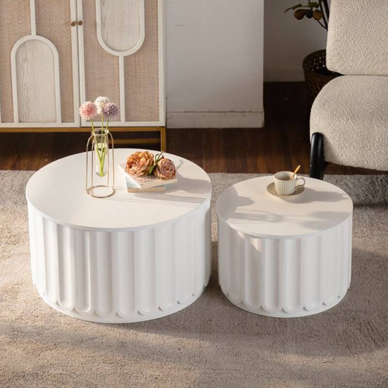 White Round Storage Table Set with Lift-Off Lid, Nesting Design