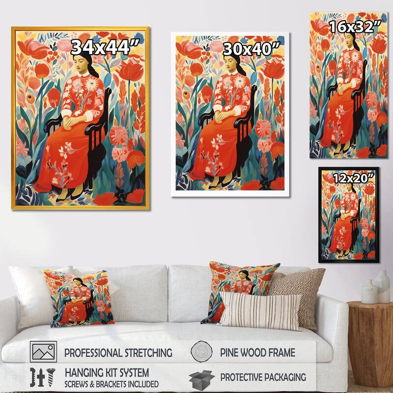 Designart "Mexican Floral Woman Portrait I" Woman Mexican Red Wall Decor - Glam Living Room Framed Canvas Art