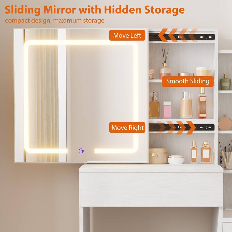 Modern Makeup Vanity with Sliding Mirror, 4 Drawers & 7 Shelves, 3 Light Colors, Charging Port & Stool Set