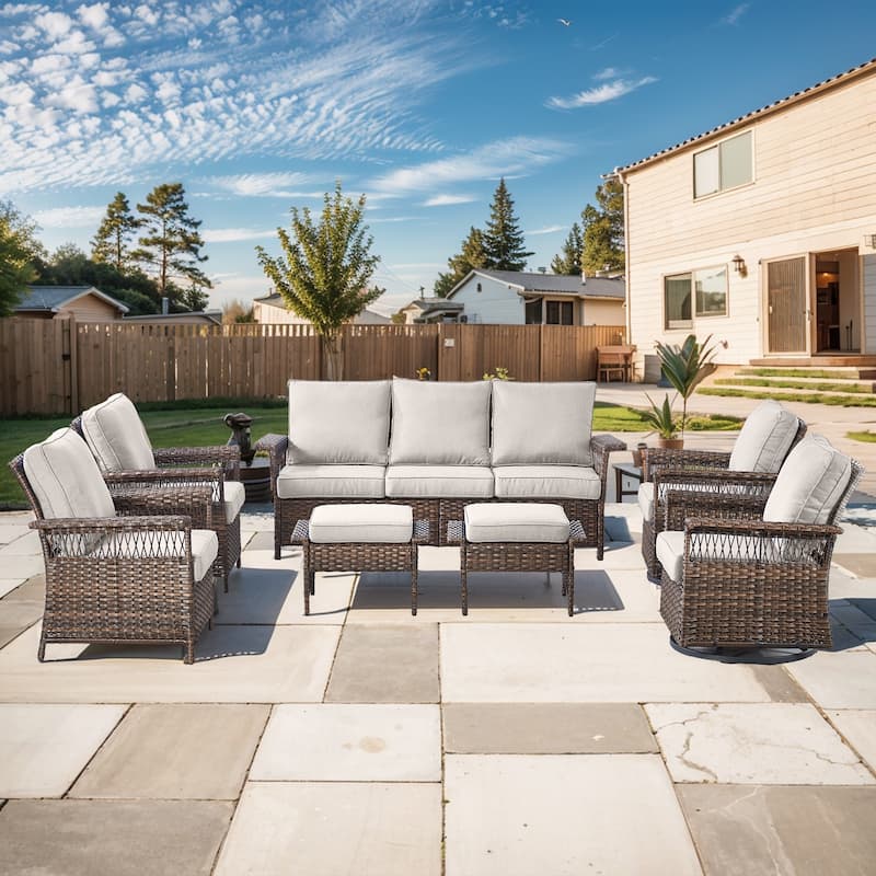 7 Piece Patio Sofa Swivel Chairs and Ottomans - Brown - Beige