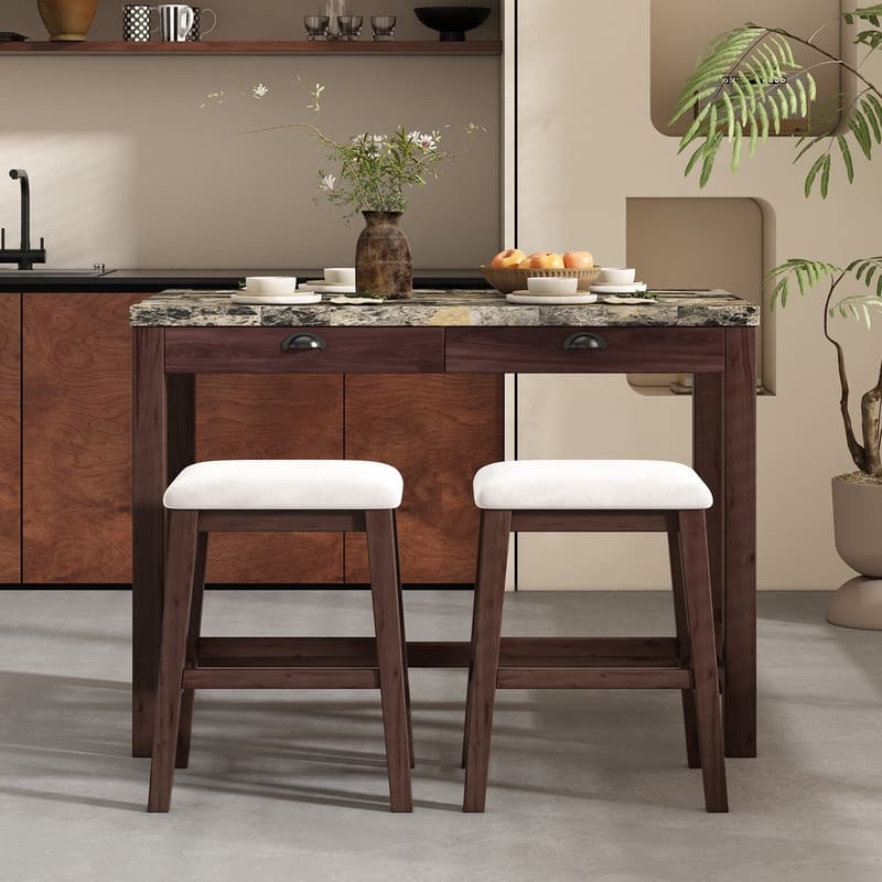 5-Pc Faux Marble Dining Set with 4 Upholstered Chairs and Storage, Walnut