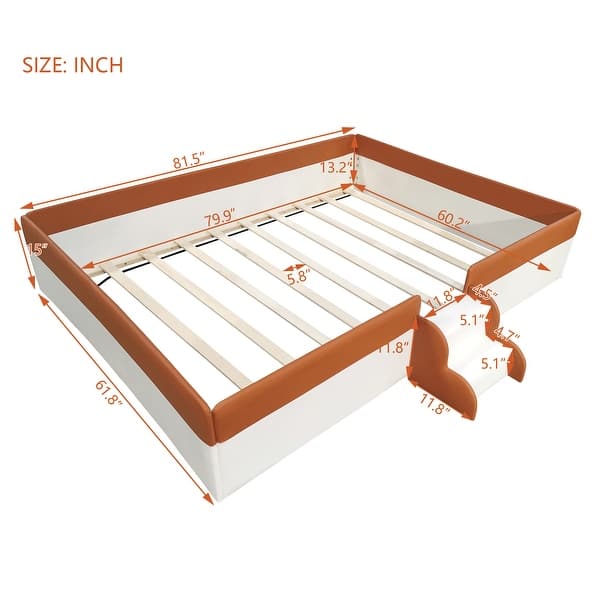 Queen Size Upholstered Bed Grounded Bed Slats Platform Bed with Safety Fence and Stairs, Rectangle Framework Easy Assembly