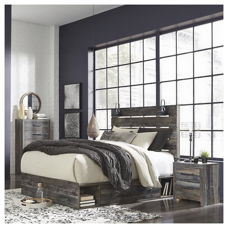 Drystan Rustic Brown Panel Bed with 2 Under Bed Storage Drawers