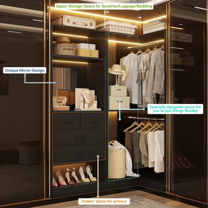 Cimly Set of 2 Corner Closet System WITH Drawers, Freestanding Closet Organizer with Hanging Rods and Shelves