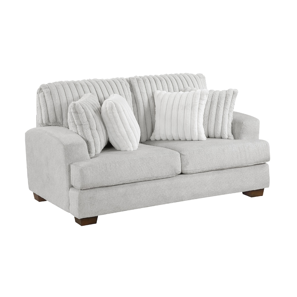 Witz Loveseat, 70 Inch, 4 Pillows, Ribbed Texture Light Gray Corduroy