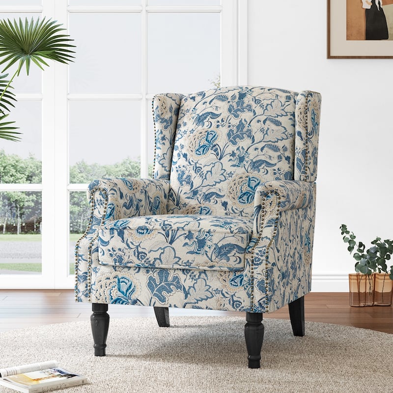 Mid-Century Modern Linen/ Vegan Leather Wing Back Accent Chair - Boho Blue-Linen