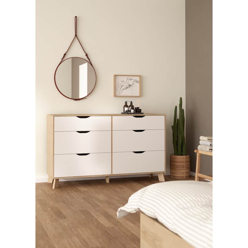 Porch & Den Ikast 6 Drawer Double Dresser, Jackson Hickory/White