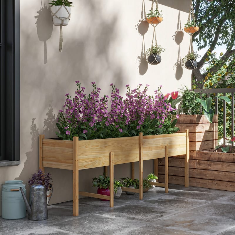 Outsunny Wooden Raised Garden Bed with Bed Liner and Drain Holes, Large Elevated Planter Box with Legs - Brown