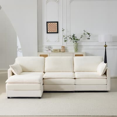 104" Modular 3 Seater Sofa with Ottoman,Beige Chenille Cushions and 2 Throw Pillows