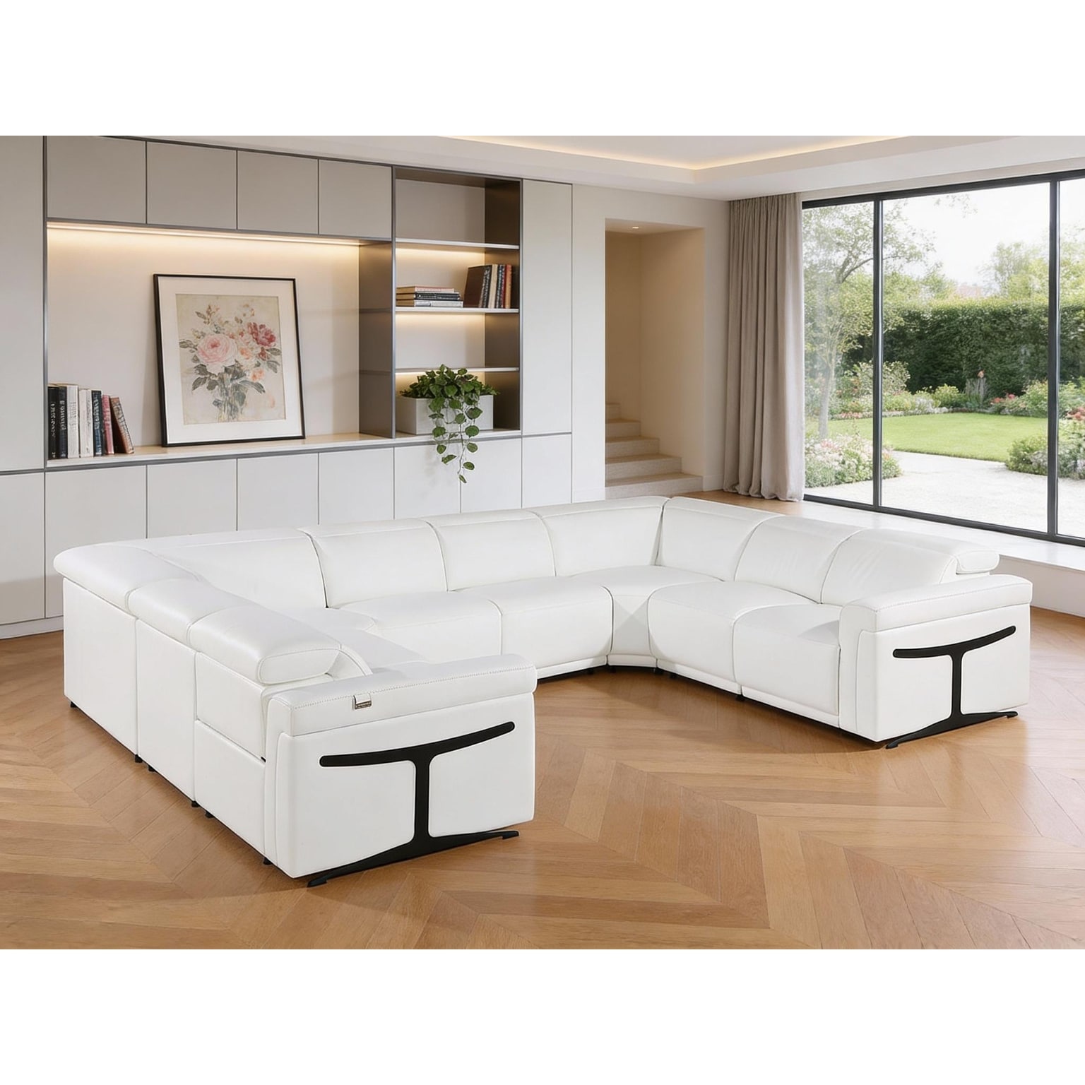 HomeRoots White Italian Leather Power Reclining U Shaped Eight Piece Corner Sectional With Console