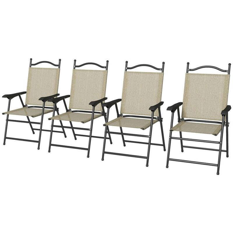 4-Piece Folding Camping Chair Set, Mesh Seats, Armrests for Lawn Patio - Beige