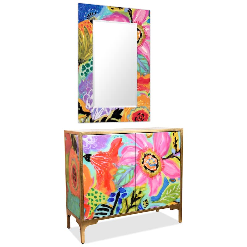 "Secret Garden Floral" Reverse Printed Beveled Art Glass Cabinet Console Table and Mirror Set