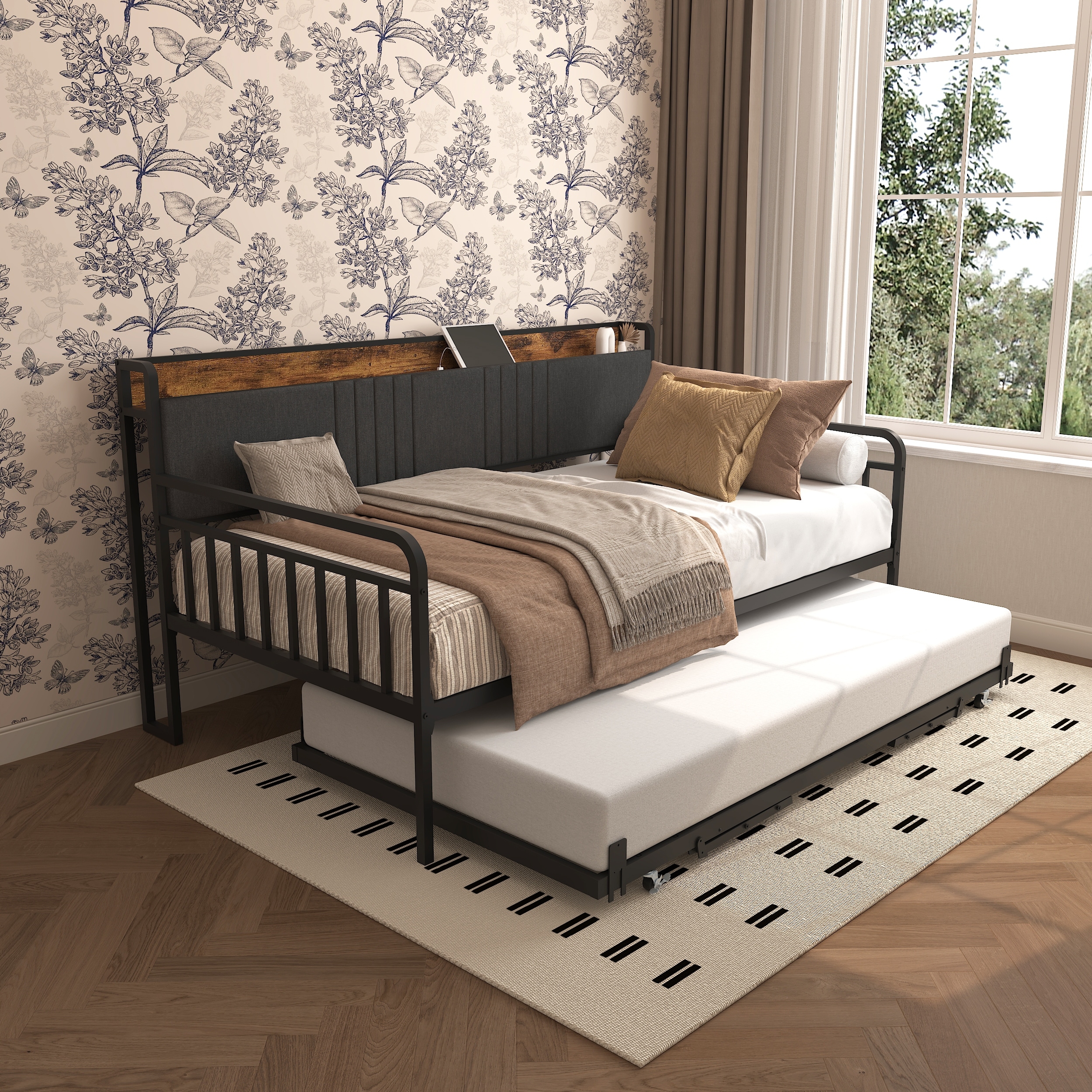 Daybed with Trundle, Sturdy Metal Twin Bed Frame with Upholstered Headboard