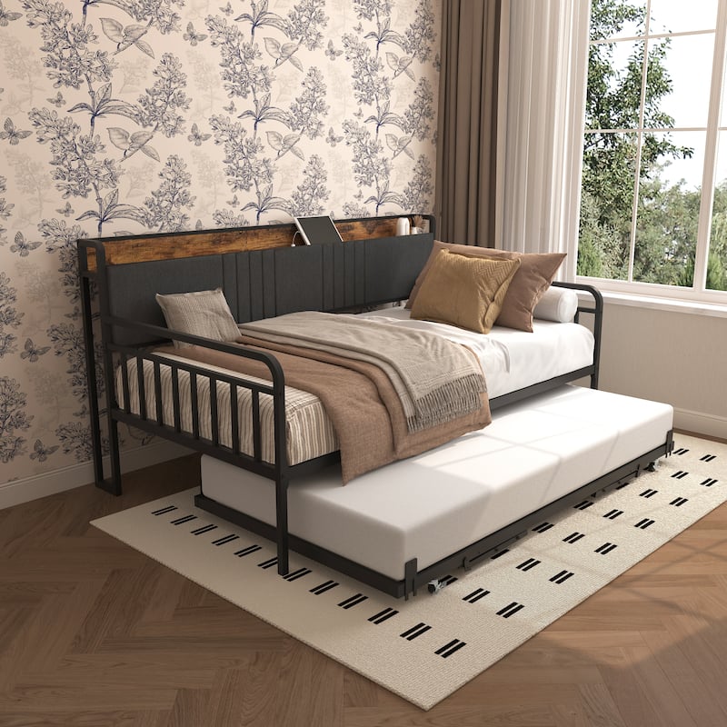 Twin Daybed with Trundle, Upholstered Headboard, Charging Station, RGB Lighting, and Lockable Casters