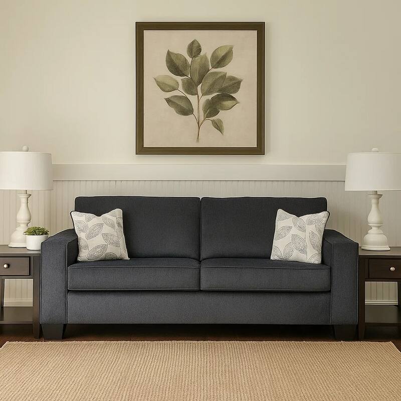 Alti 85 Inch Sofa with 2 Floral Print Throw Pillows, Dark Gray Chenille