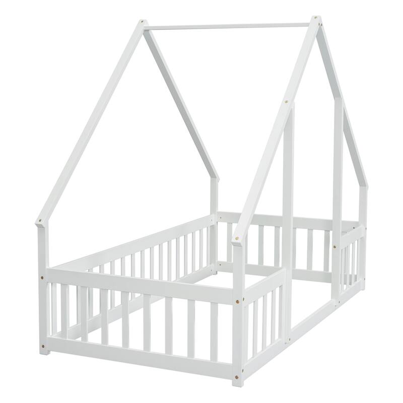 Twin Size Wood House Floor Bed with Fence and Guardrails