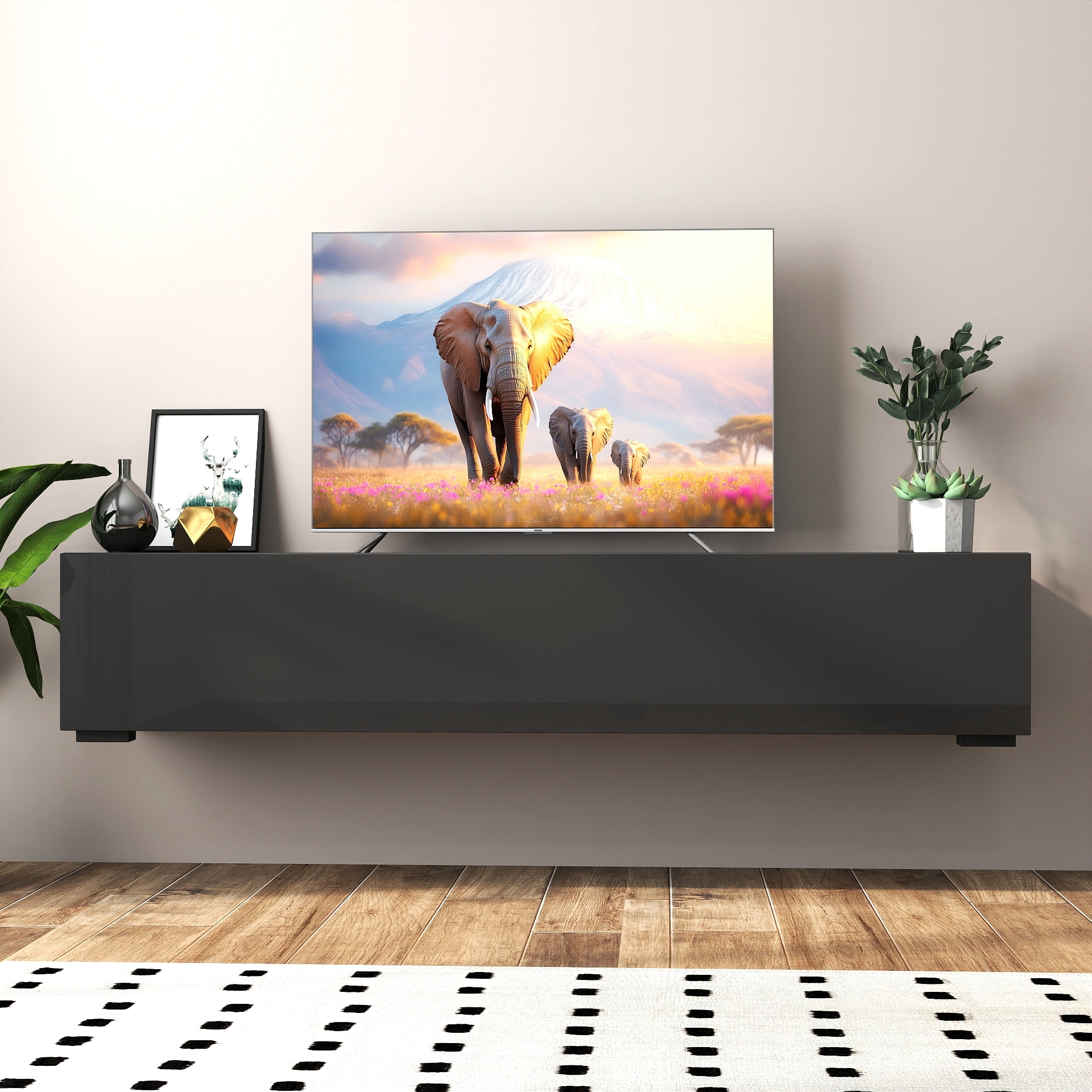 Black Television Cabinet for Living Room, Wall Mounted TV Stand Entertainment Center with Storage Cabinet - 63"