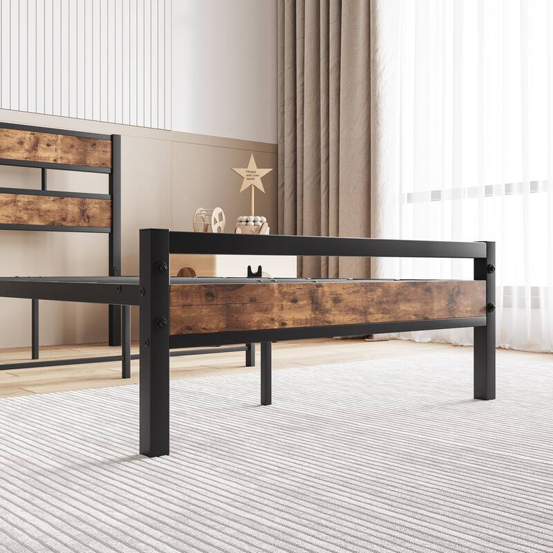 Twin Size Platform Bed Frame with Rustic Wood Headboard, Strong Metal Slats, No Box Spring Needed