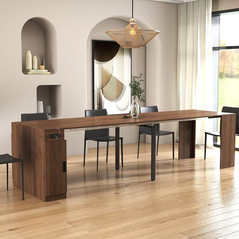 Modern Extendable Dining Table with Outlet & Storage, Space-Saving Expanding Table for Party & Meetings
