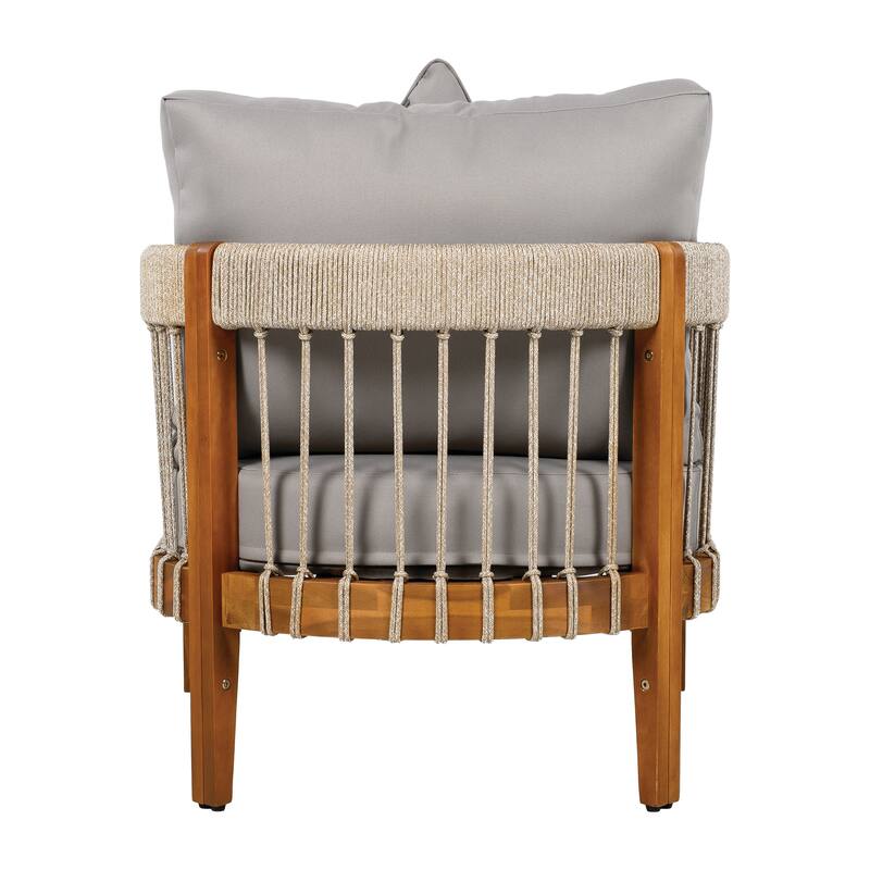 Acacia Wood Outdoor Club Chair with Handwoven Rope and Curved Backrest, Ideal for Porch and Garden Relaxation.