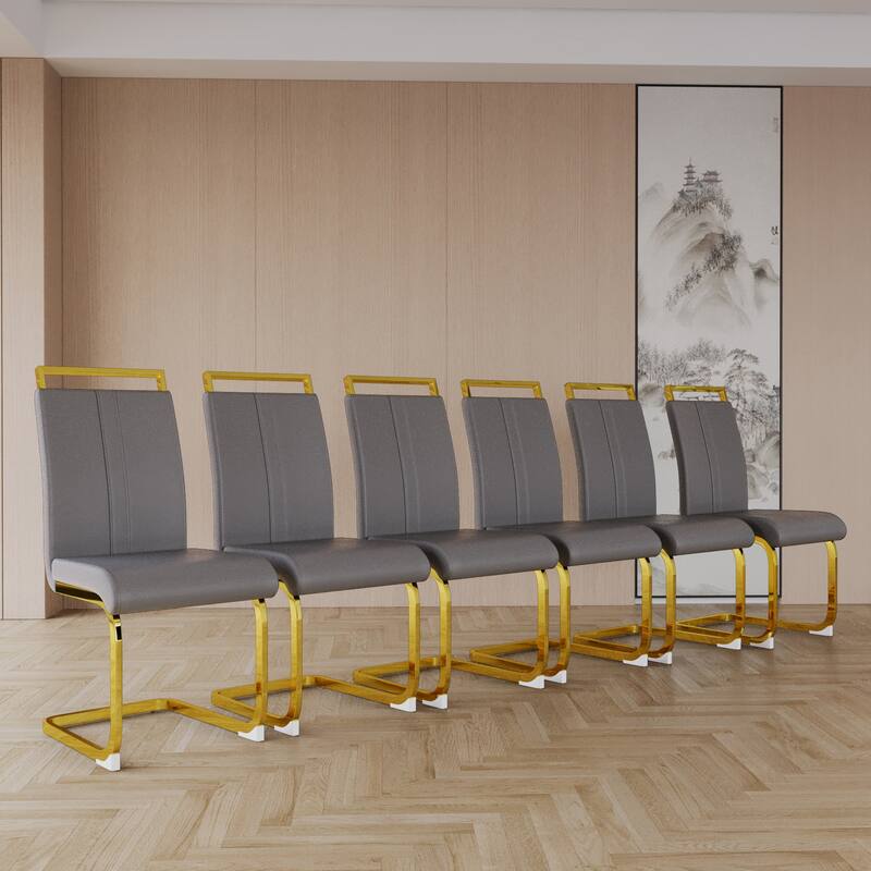 High Back Upholstered Side Chair with C-shaped Tube. Plating Golden Metal Legs (Set of 2) (Grey+PU)