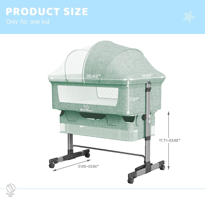 Adjustable Height Baby Bedside Sleeper Crib with Removable Mosquito Net Cover and Wheels
