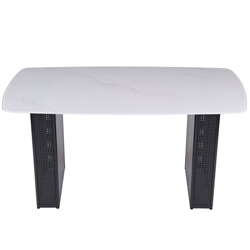 Modern Rectangular Tempered Glass Dining Table, Marble-Patterned Design with Black Dual-Pedestal Metal Base for Dining Room