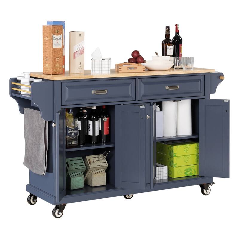 Kitchen Island with Rubber wood Countertop, Kitchen Cart on 5 Wheels with Storage Cabinet and 2 Top Drawers