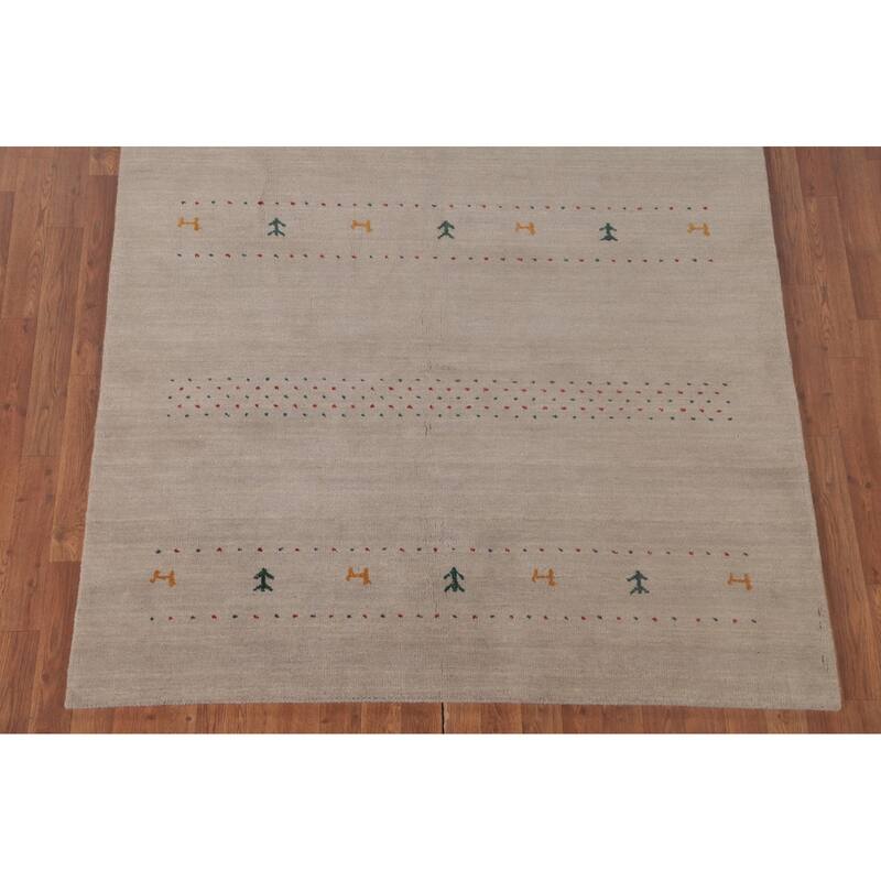 Oriental Gabbeh Area Rug Hand-Knotted Tribal Beige Wool Carpet - 5'3"x 7'6"