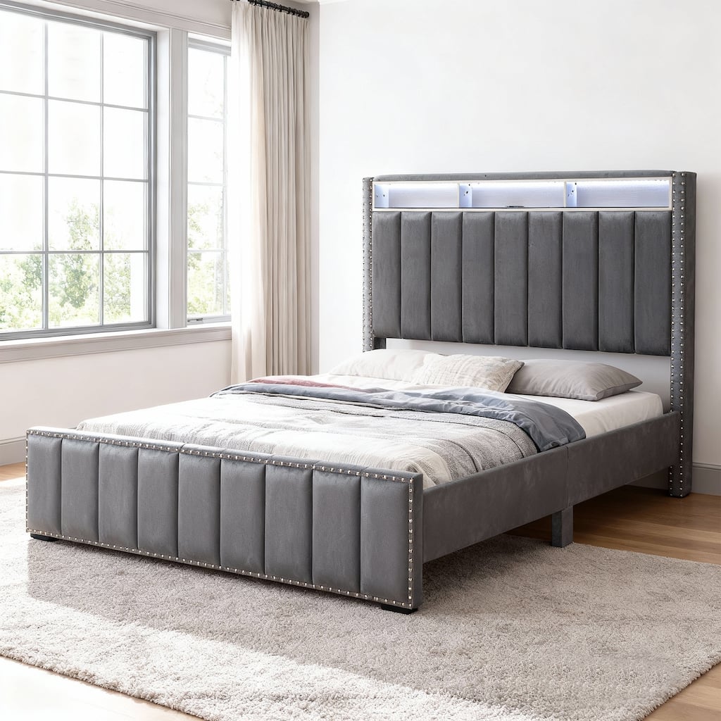 Contemporary Dark Gray Solid Wood Bed Frame with Open Compartments