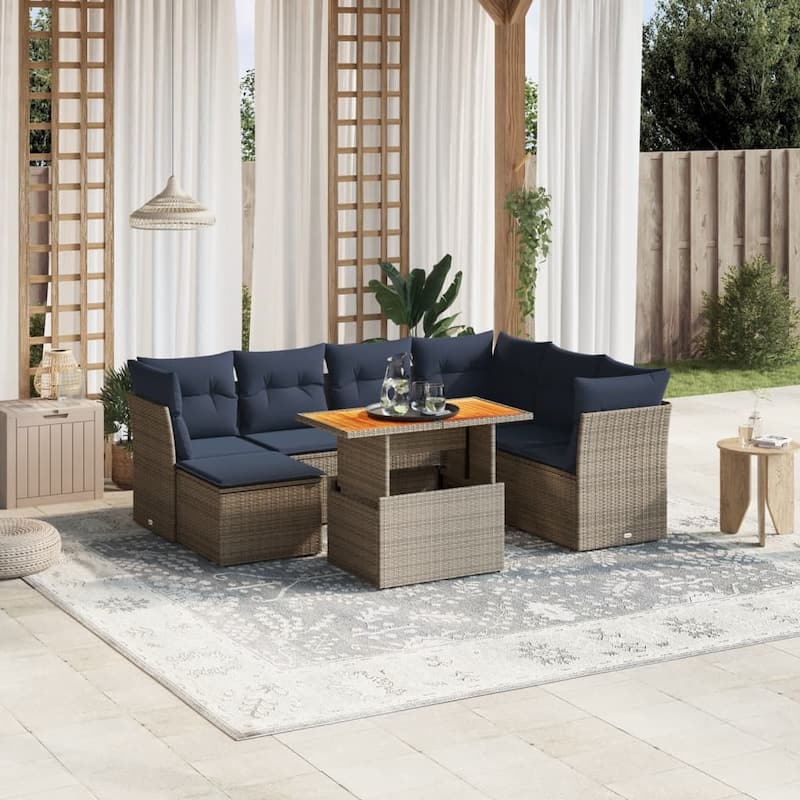 vidaXL Patio Sofa Set with Cushions Outdoor Furniture 8 Piece Poly Rattan - 24.4" x 24.4" x 27.2" - Gray 3x corner + 3x middle + Table + footstool