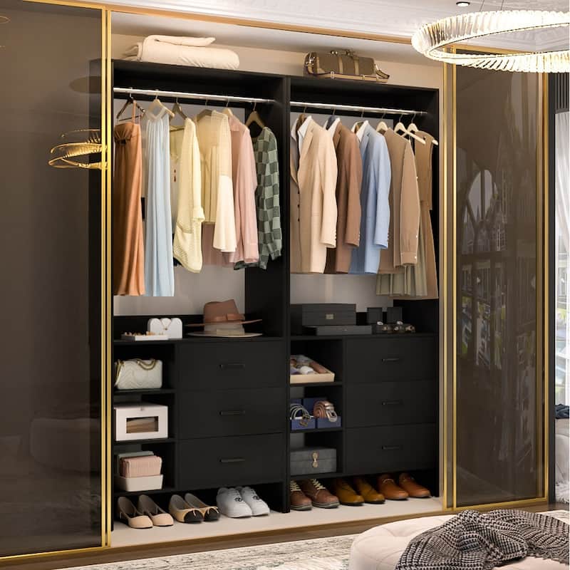 Cimly 30'' W Freestanding Closet Sytem with Hanging Rod, Closet Organizer with Drawers and Shelves - 2pcs - Black
