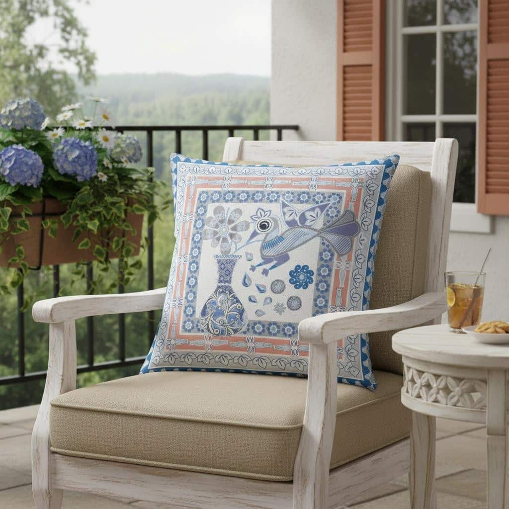 HomeRoots 26" x 26" Blue and Gray Peacock Blown Seam Floral Indoor Outdoor Throw Pillow - 26.00' X '5.00' X '26.00