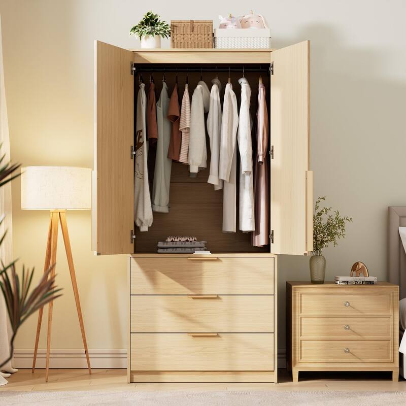 69.5" Armoire Wardrobe Closet with Rattan Doors, 3 Drawers & Hanging Rod, Wooden Storage Cabinet for Bedroom