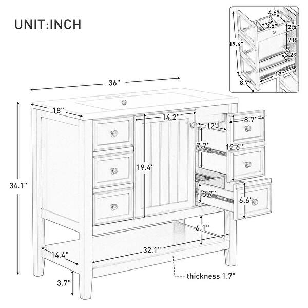 dimension image slide 2 of 3, 36" Bathroom Vanity with Sink Combo, One Cabinet and Three Drawers, Solid Wood and MDF Board