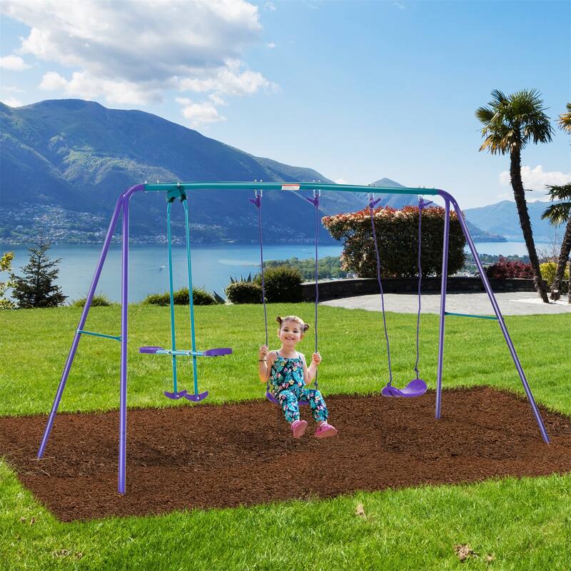 Metal Swing Set with Glider, Two Swing Seats and Adjustable Height